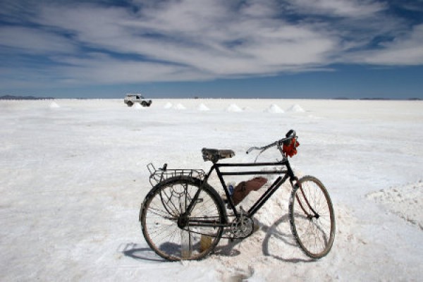 Old bike on the famous Salar de Uyuni landmark